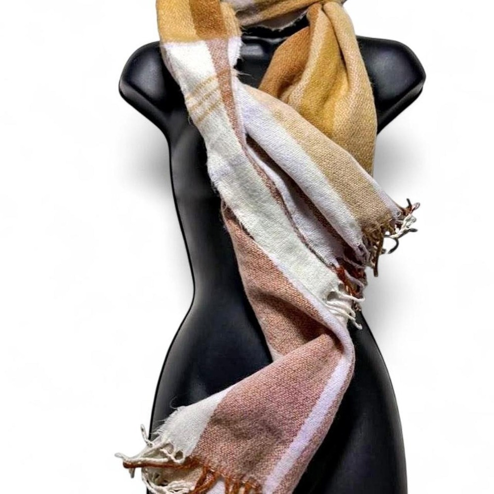 ASOS Mustard Yellow Plaid Oversized Blanket Scarf Chunky Knit Fuzzy Fringe